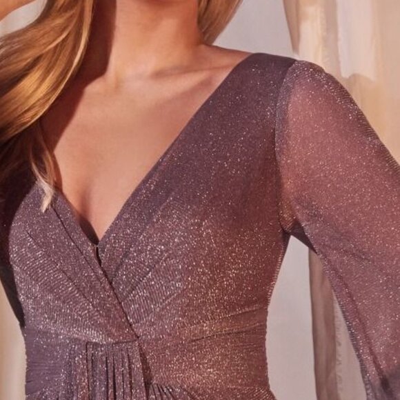 NEW FORMAL SHEATH LONG SLEEVES DRESS W/ V-NECK & GLITTER EMBROIDERY CD CK2141 - Picture 5 of 11